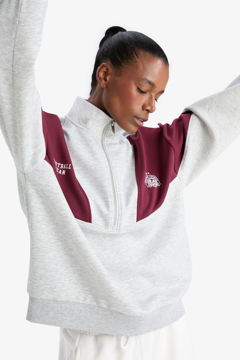 DeFacto Grey Woman DeFactoFit Oversize Loose Fit Half Zip-Up Scuba Fabric Sports Sweatshirt Casual - Image 4